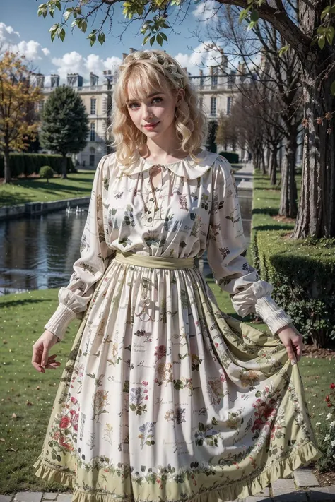 (realistic:1.3), finely detailed, quality, rembrandt lighting, (masterpiece:1.2), (photorealistic:1.2), (best quality), (detailed skin:1.3), (intricate details), dramatic, ray tracing, 1girl, french girl, 21 years old, detailed skin texture, (blush:0.5), (goosebumps:0.5), subsurface scattering, smiling, medium breasts, short hair curls, blonde hair, bangs, hair between eyes, cyb dress, long sleeves, long dress, floral print, cowboy shot, (bright sunny day, outdoors, palace of Versailles, trees, grass, lake, sky), <lora:beautiful_dress_collection_vol1_style2:0.8>