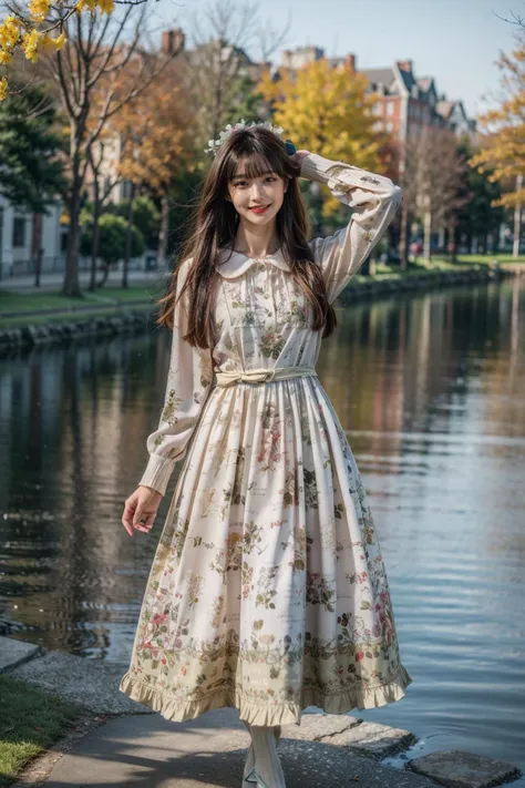 best quality, masterpiece, photorealistic, 1girl, solo, long straight hair, looking at viewer, smile, full body, standing, arm up, cyb dress, long sleeves, long dress, floral print, outdoors, tree, flower, river, water, poeple, <lora:add_detail:1>, <lora:beautiful_dress_collection_vol1_style2:0.7>