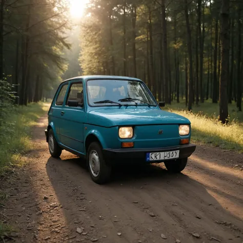 professional 3d model cinematic film still cinematic photo polish 70s compact car, parked on a dirt surface, with a forest visible in the background on a sunny day, still epic full car shoot<lora:add-detail-xl:1>  <lora:polish 70s compact car:1> . 35mm photograph, film, bokeh, professional, 4k, highly detailed . shallow depth of field, vignette, highly detailed, high budget Hollywood movie, bokeh, cinemascope, moody, epic, gorgeous, film grain, grainy . octane render, highly detailed, volumetric, dramatic lighting