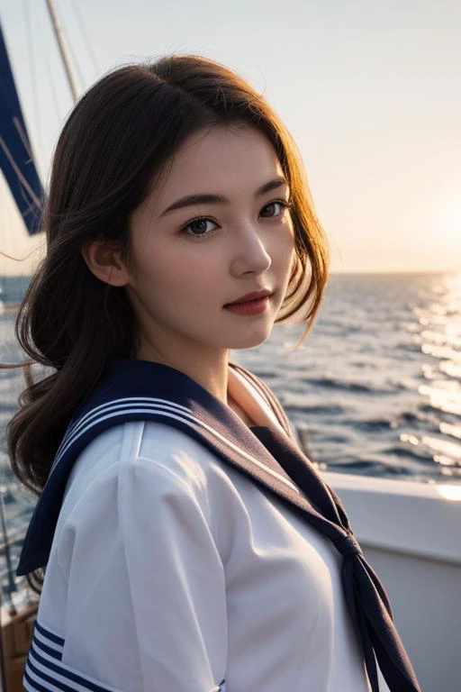 1girl,(sailor:1.2),classic sailor uniform,neatly tied hair with a ribbon,confident and adventurous expression,nautical background with a ship deck,sails,and a vast open sea,sunlight casting a warm glow,(captaining the ship:1.2),close-up shot,capturing the spirit of a determined and capable female sailor,8k,Best quality,realistic style.,