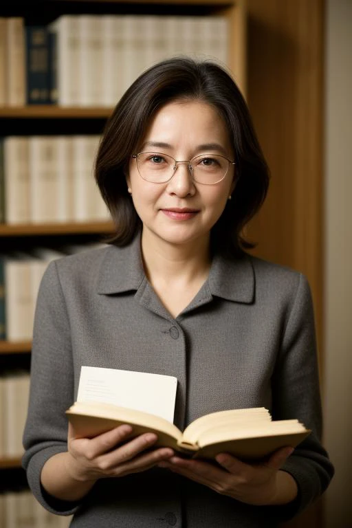 1 old woman,(professor:1.2),professional and scholarly attire,glasses for an academic look,neatly tied hair,intelligent and approachable expression,(holding a book or academic papers:1.3),university office background with bookshelves,academic awards,and research materials,soft ambient lighting,(engaged in academic work:1.2),close-up shot,exuding expertise and wisdom,nice hands,perfect hands,8k,Best quality,realistic style,