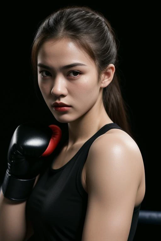 ((best quality)),((masterpiece)),(detailed),portrait of a female boxer,mid-20s,fierce expression,sweat on the face,boxing gloves,[Realistic],(intense lighting:1.2),(boxing ring backdrop:1.1),(4k resolution),