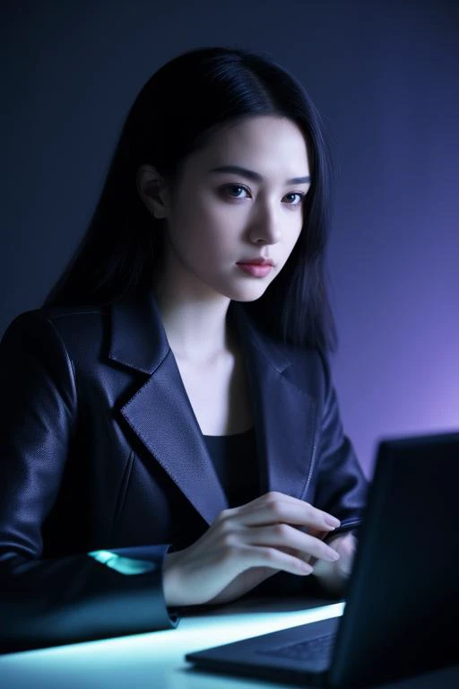 1girl,(female hacker:1.2),donning a stylish and tech-inspired outfit,futuristic accessories,focused and enigmatic expression,(sitting in a dimly lit high-tech environment with multiple computer screens and holographic displays:1.3),lines of code and digital graphics projected in the background,the glow of computer screens illuminating the scene,a cyberpunk-inspired atmosphere,(engaged in hacking activities:1.2),close-up shot,capturing the intrigue and sophistication of a female hacker,nice hands,perfect hands,8k,Best quality,cyberpunk style.,