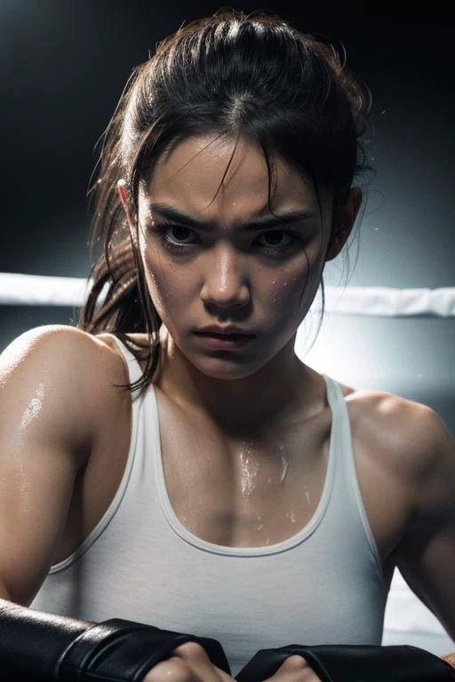 ((best quality)), ((masterpiece)), (detailed), portrait of a female boxer, mid-20s, fierce expression, sweat on the face, boxing gloves, [Realistic], (intense lighting:1.2), (boxing ring backdrop:1.1), (4k resolution)