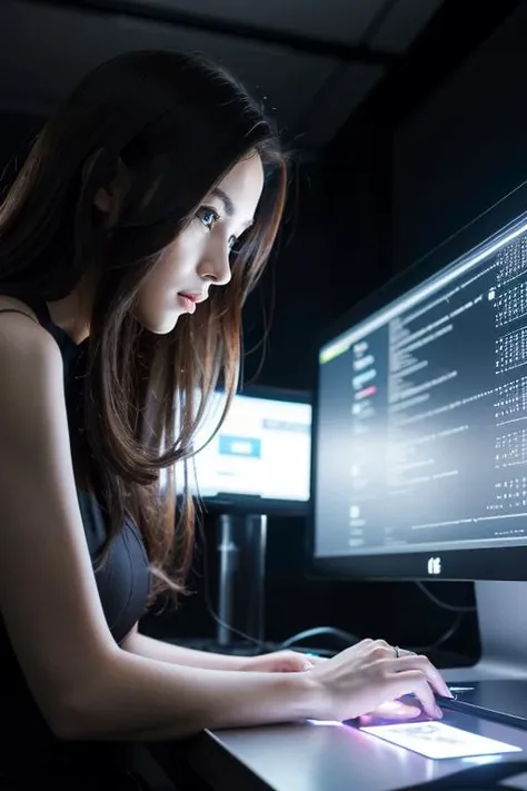 1girl,(female hacker:1.2),donning a stylish and tech-inspired outfit,futuristic accessories,focused and enigmatic expression,(sitting in a dimly lit high-tech environment with multiple computer screens and holographic displays:1.3),lines of code and digital graphics projected in the background,the glow of computer screens illuminating the scene,a cyberpunk-inspired atmosphere,(engaged in hacking activities:1.2),close-up shot,capturing the intrigue and sophistication of a female hacker,nice hands,perfect hands,8k,Best quality,cyberpunk style.,<lora:HandFineTuning:0.1>,