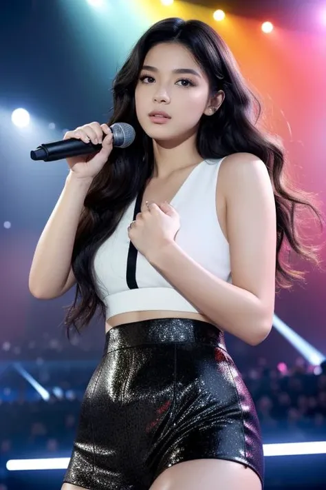 ((best quality)),((masterpiece)),((realistic)),portrait of Mia,the Pop Sensation,(radiant gaze and pop-star charisma in her eyes:1.2),[mysterious gray eyes],[modern pop attire with vibrant colors and microphone],(singing a chart-topping pop hit on a colorful pop stage:1.3),[dynamic pop stage backdrop with LED screens and energetic dancers],(capturing the energy and glamour of the pop sensation:1.2),[musical realism],(8k resolution:1.2),