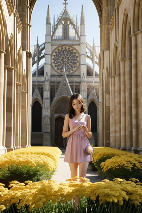 1girl, epic 3d blender render, stylized, ground level shot of a glamourous Zany ([Diplodocus:Hairbrush:2]:1.3) , inside a Fallacious Canterbury Cathedral, Roman reeds with Chrysanthemum, Spring, horizon-centered, Realistic, Peaceful, Rule of Thirds, Pre-raphaelitism, natural lighting, 50mm, Dark hue, glimmering transformation, Mauve and deep blue details, Unsplash, award winning