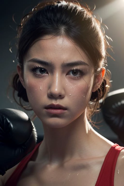 ((best quality)),((masterpiece)),(detailed),portrait of a female boxer,mid-20s,fierce expression,sweat on the face,boxing gloves,[Realistic],(intense lighting:1.2),(boxing ring backdrop:1.1),(4k resolution),