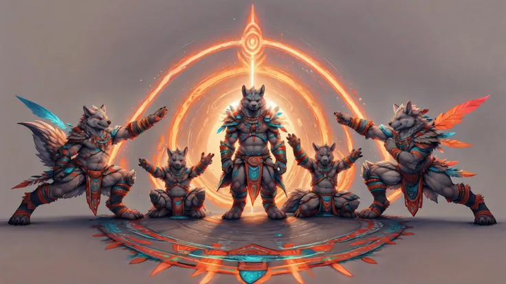 simple background,white background,full body,front view,looking at viewer,
5 wolves,grey fur,fluffy,full armor,<lora:[Clothing][SD1.5] Aztech Armor v1.0 [0.6-0.8][Clip2][azt3ch]:0.6>,azt3ch,tribal clothes,loincloth,detail face,StyleFixerV20