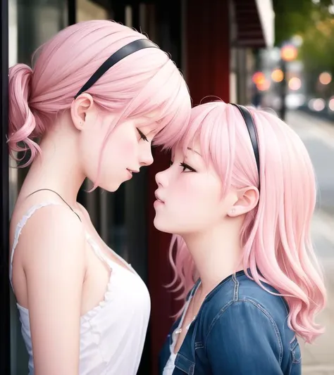 realistic photograph, early morning, diffused lighting, masterpiece, happy, parted lips, 2girls, thin, pink hair clips,  [yuri], storefront sidewalk, catchlight