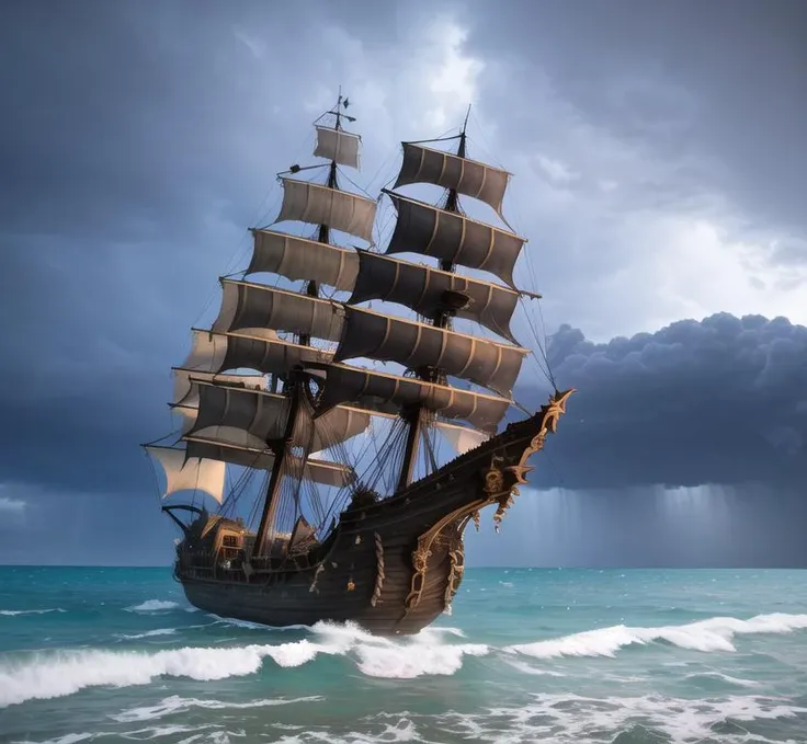 Giant crumbling pirate ship, encrusted with barnacles, torn sails, ocean waves, dark clouds, thunderstorm, tiny island with tiny city