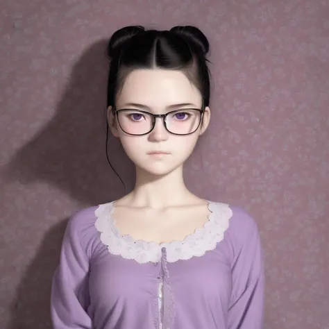 realistic photo, masterpiece, highest quality, detailed face and eyes, by ralph bakshi, by range murata, Katsuhiro Otomo, soft lighting, full shot, 
1girl, purple eyes, white blouse, pleated skirt, black hair, hair bun, messy hair, pale skin, purple eyes, glasses, embarrassed, library, deep levels, sharp, retouched, color graded,