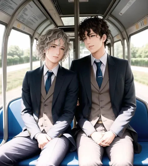 realistic photograph, [dappled lighting], early morning, diffused lighting, masterpiece, happy, [closed eyes], 2men, varied ages, [height difference], silver curly hair,  (yaoi), sitting on a bus, catchlight