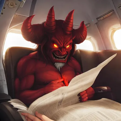 massive demon sitting in an airplane reading a newspaper, 
(realistic:1.1) photo, standard lens, f 2.5, volumetric lighting, soft lighting, RAW, high quality, absurdres, sharp, color graded, retouched, deep levels,