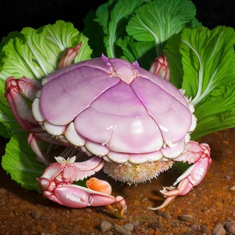 cabbage crab, 
(realistic:1.1) photo, standard lens, f 2.5, volumetric lighting, soft lighting, RAW, high quality, absurdres, sharp, color graded, retouched, deep levels,