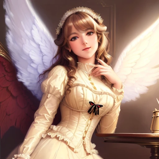 (((ALBERT LYNCH))), ((masterpiece)), (((oil painting))), (((photorealistic))), (((victorian girl))), (((angel wings))), (silky hair), ((DETAILED PUPILS)), irides, sclera, ((realistic eyes)), seductive gaze, extremely detailed face and body, blushing, lipstick, smile, intense shadows, soft focus, cinematic lighting