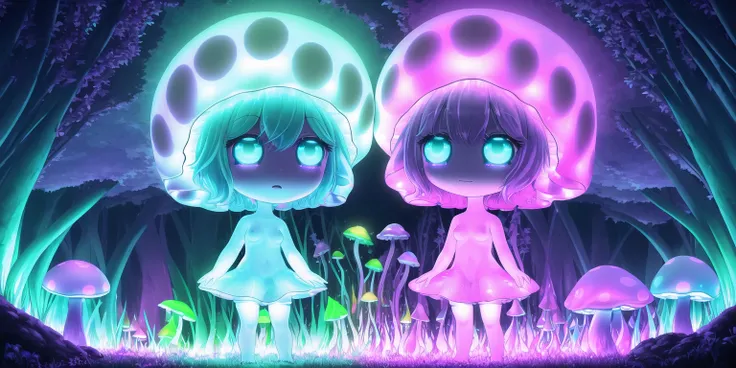 (bioluminescent Psychedelic mushrooms), 2girls, yuri, nsfw, chibi, adorable gigantic eyes, huge pupils, ahoge hair, :o, drugged psychedelic journey, Raytracing, HDR, in Disco cave, colored lighting