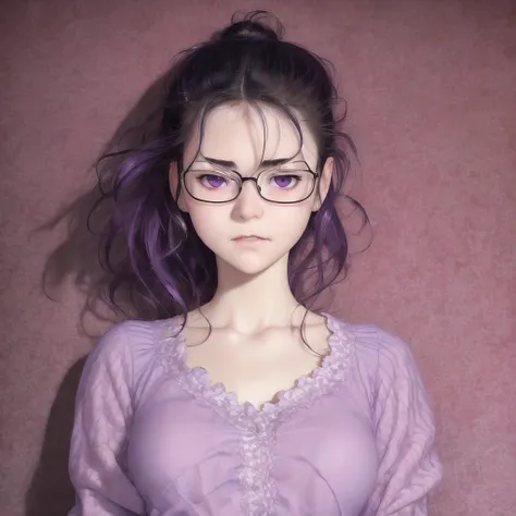realistic photo, masterpiece, highest quality, detailed face and eyes, by ralph bakshi, by range murata, Katsuhiro Otomo, soft lighting, full shot,
1girl, purple eyes, white blouse, pleated skirt, black hair, hair bun, messy hair, pale skin, purple eyes, glasses, embarrassed, library, deep levels, sharp, retouched, color graded,