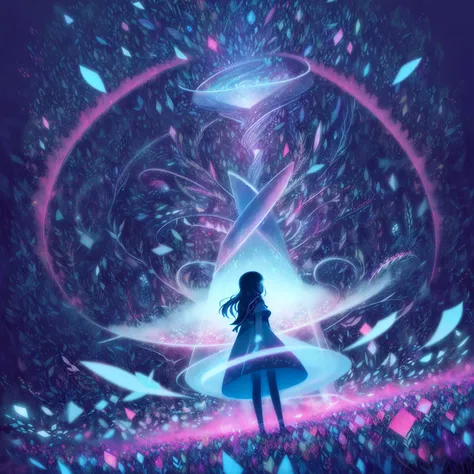 ((((ultra illustrated style:1.0)))),best quality,best animated,masterpiece,ray tracing, global illumination,blue theme, 1girl, solo, dress, glowing, fantasy, long hair, light particles, silhouette, magic, black background, scenery<lora:blue theme:1>