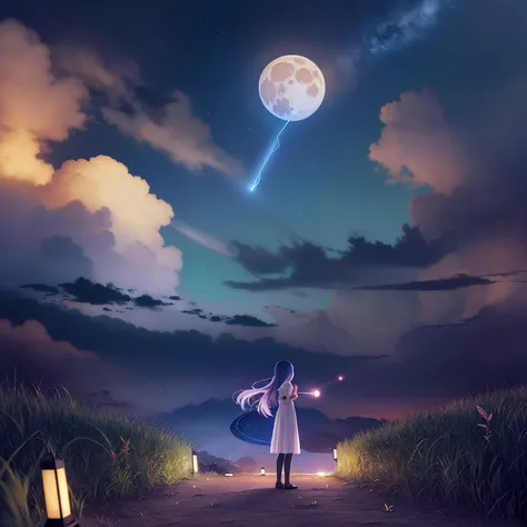 ((((ultra illustrated style:1.0)))),best quality,best animated,masterpiece,ray tracing, global illumination,blue theme, 1girl, sky, scenery, solo, cloud, long hair, grass, star (sky), night, dress, starry sky, fantasy, night sky, outdoors, shooting star, wind, cloudy sky, standing, moon<lora:blue theme:1>