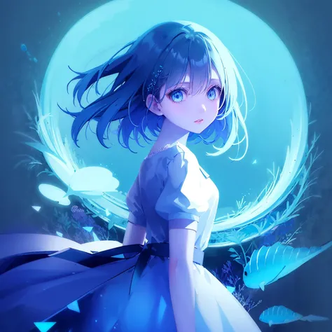 ((((ultra illustrated style:1.0)))),best quality,best animated,masterpiece,ray tracing, global illumination,blue theme, 1girl, solo, long hair, dress, short sleeves, looking at viewer, blue eyes, blue hair, puffy sleeves, bangs, aqua hair, blue dress, puffy short sleeves, blue background, aqua eyes<lora:blue theme:1>