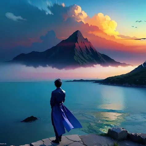 ((((ultra illustrated style:1.0)))),best quality,best animated,masterpiece,ray tracing, global illumination,blue theme, cloud, scenery, sky, dragon, 1girl, outdoors, day, solo, bird, ocean, landscape, mountain, dress, 1boy, from behind, horizon<lora:blue theme:1>