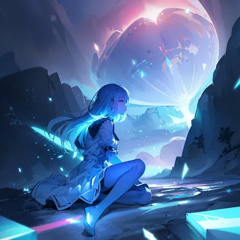 ((((ultra illustrated style:1.0)))),best quality,best animated,masterpiece,ray tracing, global illumination,blue theme, 1girl, long hair, sitting, solo, dress, fantasy, glowing, scenery, light particles, ahoge<lora:blue theme:1>