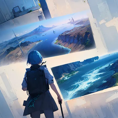 ((((ultra illustrated style:1.0)))),best quality,best animated,masterpiece,ray tracing, global illumination,blue theme, cloud, scenery, sky, dragon, 1girl, outdoors, day, solo, bird, ocean, landscape, mountain, dress, 1boy, from behind, horizon<lora:blue theme:1>