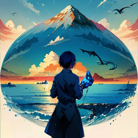 ((((ultra illustrated style:1.0)))),best quality,best animated,masterpiece,ray tracing, global illumination,blue theme, cloud, scenery, sky, dragon, 1girl, outdoors, day, solo, bird, ocean, landscape, mountain, dress, 1boy, from behind, horizon<lora:blue theme:1>
