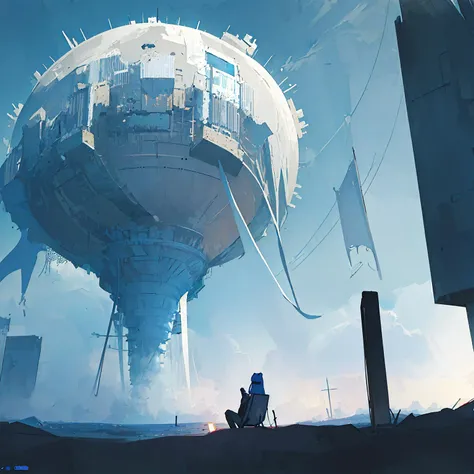((((ultra illustrated style:1.0)))),best quality,best animated,masterpiece,ray tracing, global illumination,blue theme, scenery, bird, no humans, fog, very wide shot, sitting, outdoors, science fiction<lora:blue theme:1>