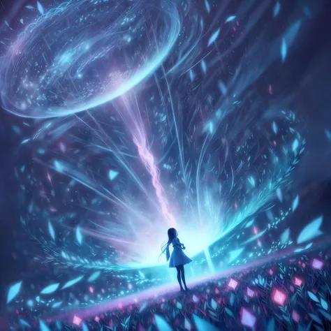 ((((ultra illustrated style:1.0)))),best quality,best animated,masterpiece,ray tracing, global illumination,blue theme, 1girl, solo, dress, glowing, fantasy, long hair, light particles, silhouette, magic, black background, scenery<lora:blue theme:1>