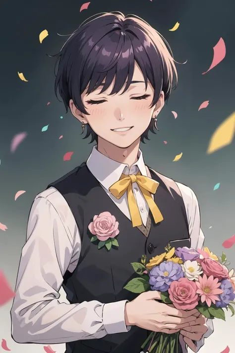 masterpiece, best quality, (masculine),solo,purple_flower,vest,teeth,shirt,bouquet,kamishiro_rui,asymmetrical_bangs,ribbon,holding,closed_eyes,blurry_background,long_sleeves,flower,facing_viewer,hk_(wgyz7222),short_hair,purple_hair,blush,aqua_hair,project_sekai,blurry,neck_ribbon,collared_shirt,smile,yellow_ribbon,male_focus,holding_bouquet,confetti,pink_flower,black_vest,jewelry,1boy,earrings,upper_body