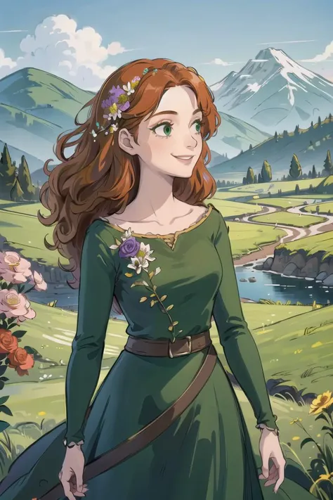 (MeridaWaifu), (green dress), 1girl, solo, smile, dynamic angle, masterpiece, best quality, (detailed ladscape, castle, field, grass, mountains, flowers:1.2), colorful,<lyco:GoodHands-beta2:1> <lora:MeridaBrave_character:0.5>