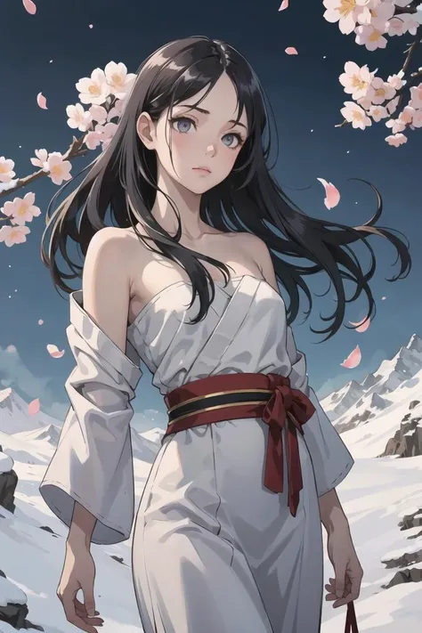 cowboy shot , best quality, masterpiece, <lyco:GoodHands-beta2:1>, snow mountain background,dramatic lighting, (little girl:1.5),lace,ribbon,hanfu,(masterpiece, sidelighting, finely detailed beautiful gray eyes: 1.2), masterpiece, realistic, glowing eyes,shiny hair,black hair,long long hair, lustrous skin, solo, embarassed,Strapless,exquisite,beautifly,garden,flowers,flying petals, <lyco:GPTS4 dreamwave full_478773:0.3>