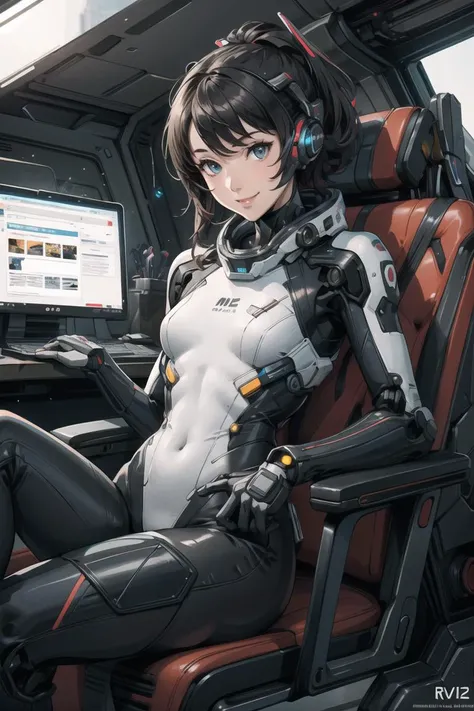 masterpiece, best quality, a woman sitting in a chair with a computer on it's back and a keyboard on her lap, Eve Ryder, laurie greasley, cyberpunk art, space art, mecha pilot girl, smile, 1girl, mecha, cockpit, inside robot slim body, <lora:Niji:0.6>, body suit, high-tech theme, small hip, high detail, realistic, photo quality, high quality, (photorealistic:1.4), science fiction <lora:more_details:0.3>, <lyco:GoodHands-beta2:0.8>