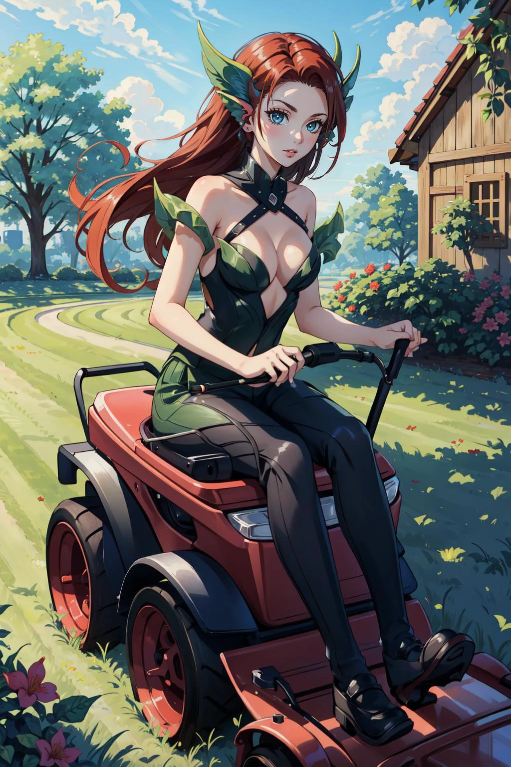 (masterpiece, best quality), intricate details,
1girl, <lora:zyra:0.8> zyra,
mowing the yard, riding lawnmower,