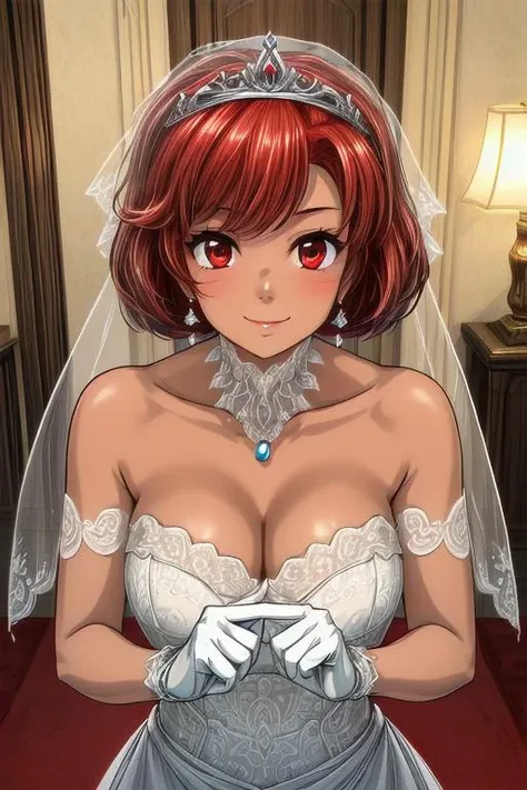 1girl,dress,veil,breasts,wedding dress,jewelry,bridal veil,looking at viewer,cleavage,ring,smile,gloves,white gloves,bare shoulders,white dress,tiara,wedding ring,collarbone,pov,solo focus,bangs,strapless <lora:Kei(DP):0.9>, dpkei,short hair,red hair,red eyes,dark skinned female,, masterpiece, best quality,masterpiece,best quality,<lora:clothing details_v1.2_lbw:0.8>,<lora:hairdetailer:0.8>,<lora:Background_Detail_v3:0.8>,<lora:hyperdetailer_v095:0.7>,