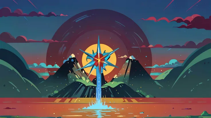 illustration,flat color,Flat style, Equinox Estuary, a river mouth under a sky where night and day exist simultaneously, tethered by cascades of waterfalls,its red hue punctuated by luminous fauna,its colors dancing on the gently lapping waves <lora:Landscape illustration:0.7>, serenity,Elemental alchemy,Radiant serenity, (Masterpiece:1.3) (best quality:1.2) (high quality:1.1)