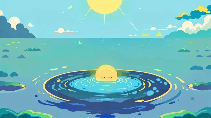 illustration,flat color,Flat style, Elysium Expanse, a valley filled with luminous, blue sky, sun casting a bright layer,teeming with bioluminescent creatures,bathing the shore in turquoise light <lora:Landscape illustration:0.7>, swirls,Transcendental currents,symmetry, (Masterpiece:1.3) (best quality:1.2) (high quality:1.1)