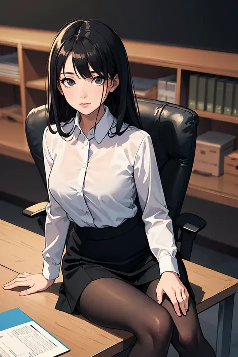 (masterpiece, best quality), a young black haired girl office secretary dressed in a transparent white blouse and black office skirt and black pantyhose ,sitting in an office chair, holding pencil, (detailed skin:1.3),(detailed eyes), (sharp focus),