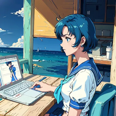 <lora:sailor_mercury:0.8> sailor_mercury, woman using a laptop, masterpiece, best quality, sketch, view from the side