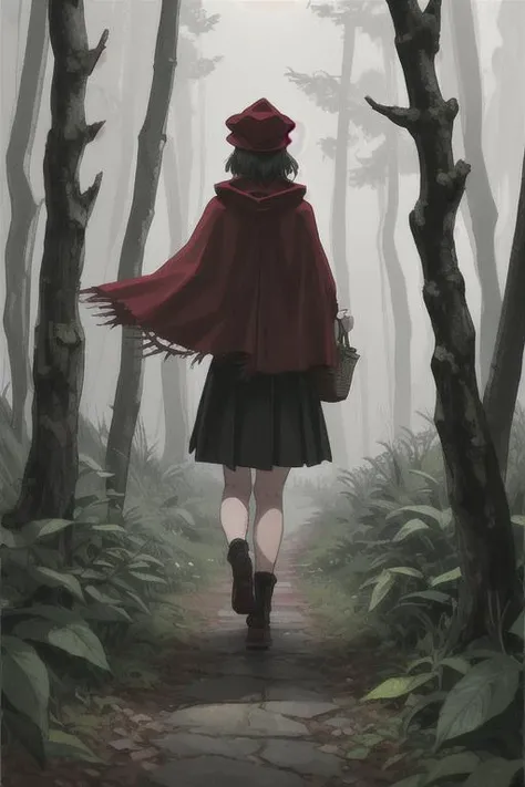 1girl, walking alone through a dark forest, gloomy lighting, red cape, red hat, basket in hand, forest, walking away, back turned