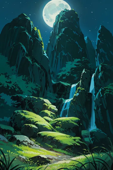 masterpiece, (((best quality))),<lora:Pyramid lora_Ghibli_n3:1>, landscape, dark night, bright moon, weak star, cliff, wind blowing, green grass, fantasy, magic world, waterfall,