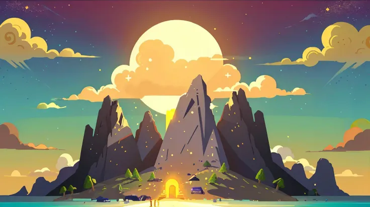 illustration,flat color,Flat style, Astral Atoll, an island under a star-filled night sky, resonant hum, bathed in the warm golden light of a setting sun,surrounded by an eerie glow from the low-hanging cloud of ionized gas,lit by the dazzling sunlight filtered through a prism-like canopy <lora:Landscape illustration:0.7>, Transcendent mirage,Whispers,monolith, (Masterpiece:1.3) (best quality:1.2) (high quality:1.1)