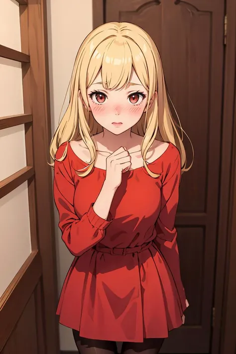 (masterpiece, best quality), 1girl, blonde hair, red dress, pantyhose, cute face, blush,