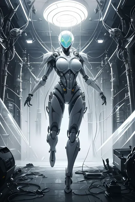 full body, (masterpiece:1.2),(best quality:1.2),(raw photo),ptp girl, solo,(upper body),jumping,robot woman by cybernetic ludum dare, (light smile:0.7),looks at viewer,face to viewer,in the style of sci-fi baroque, (transparent glass helmet), translucent thin tubes linked with helmet,dark white, 8k resolution, machine aesthetics, intricate detail, hyper-realistic sci-fi, futuristic organic,(high key lighting),the bodysuit composed of various translucent mechanical parts, cyberpunk aesthetic. baroque xenomorph,dust in light,foggy,bokeh,kodak film,kodak portra 400,natural skin, true skin texture, <lora:baroque xenomorph-000008:0.8>