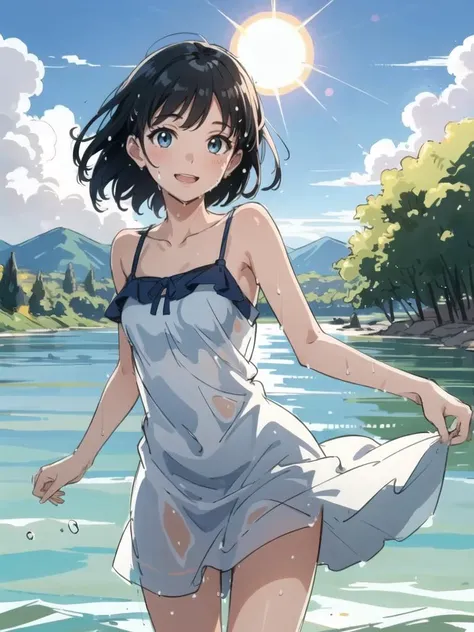 blue sky, cloud, sun, rensflare, summer,
river, splash, water,
(sketch:1.3),
1girl, solo, sundress,
finely face,
wet-seethouth,
happy,