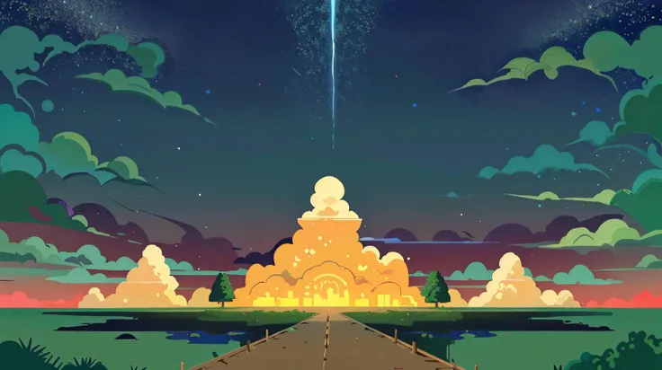 illustration,flat color,Flat style, Whispering Wetlands, a swamp under the soft, beneath a vibrant, glowing sky,creating a surreal desert of blue sand,beneath a sky strewn with shooting stars <lora:Landscape illustration:0.7>, Luminescent tapestry,swirls,Ethereal luminosity, (Masterpiece:1.3) (best quality:1.2) (high quality:1.1)