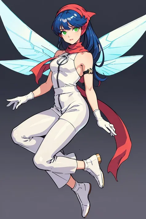 (masterpiece, best quality), 1girl, <lora:zs_PixieDS:1> pixieds, blue hair, wings, gloves, green eyes, fairy, long hair, scarf, dress, white pants, white footwear