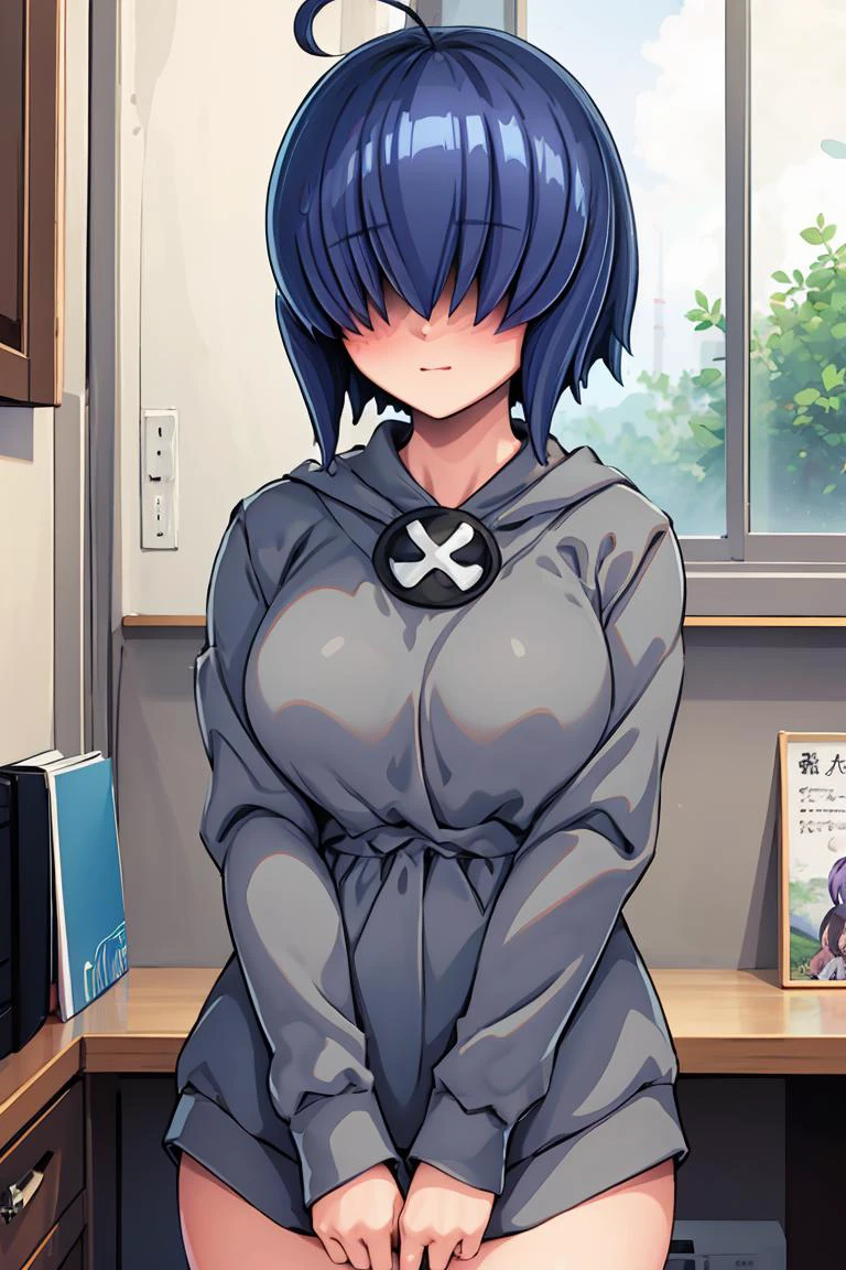 (masterpiece, best quality), 1girl, <lora:LoRA_Mekakure:1> Mekakure, blush, purple hair, hair over eyes, short hair, ahoge, blue hair, covered eyes